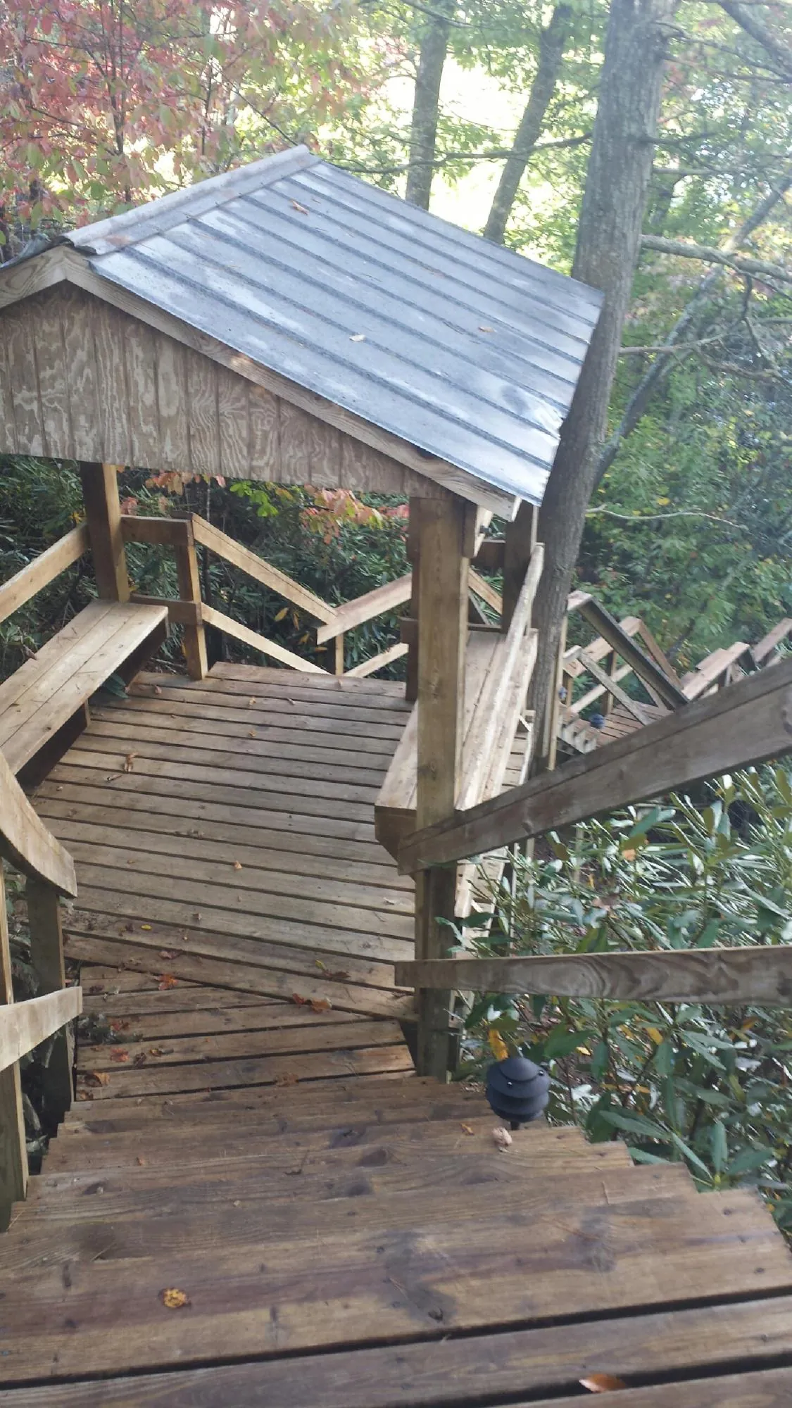Metal roofed shelter over wooden steps on a wooded walkway — Skylight Repair & Installation work by our crew in Henning